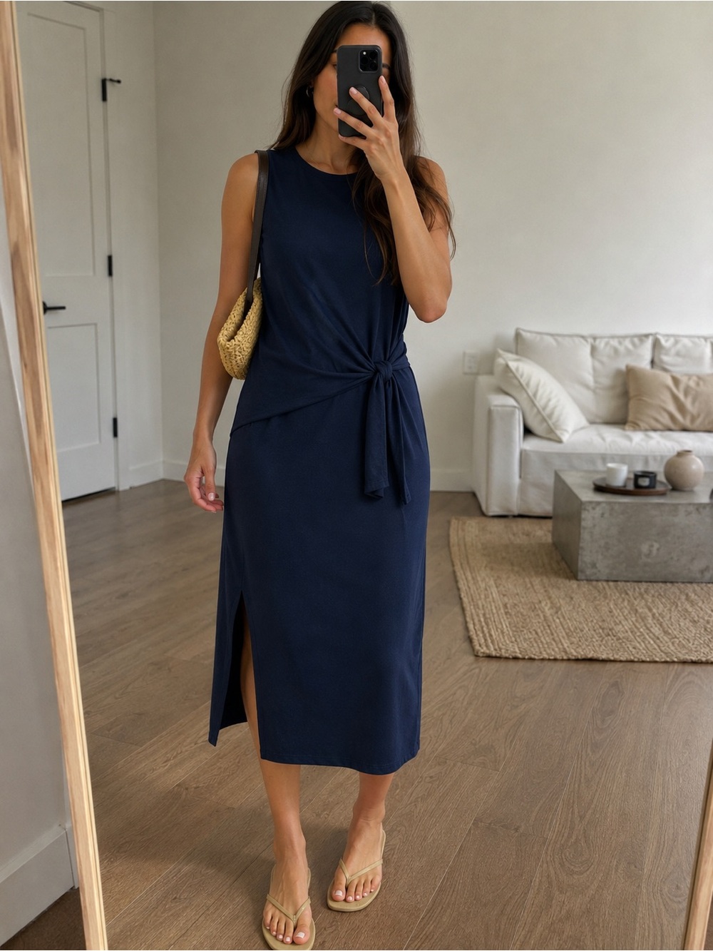 Theory Minimalist Tie Waist Sleeveless Midi Dress Navy Size L Cotton Blend